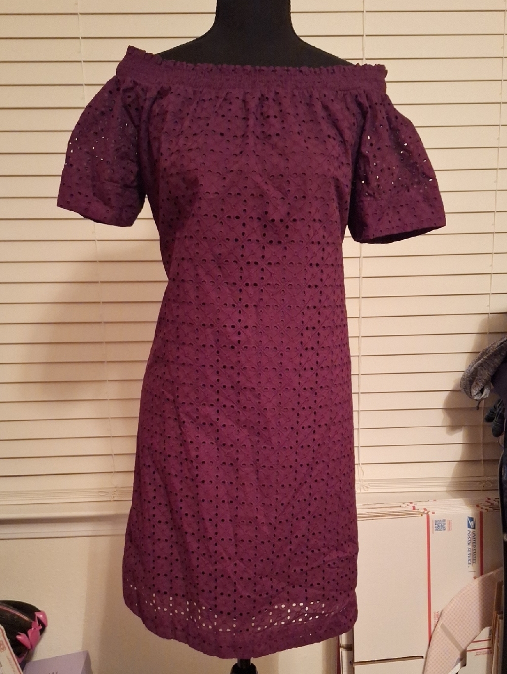 Ann Taylor Plum Off-Shoulder Eyelet Mini Dress